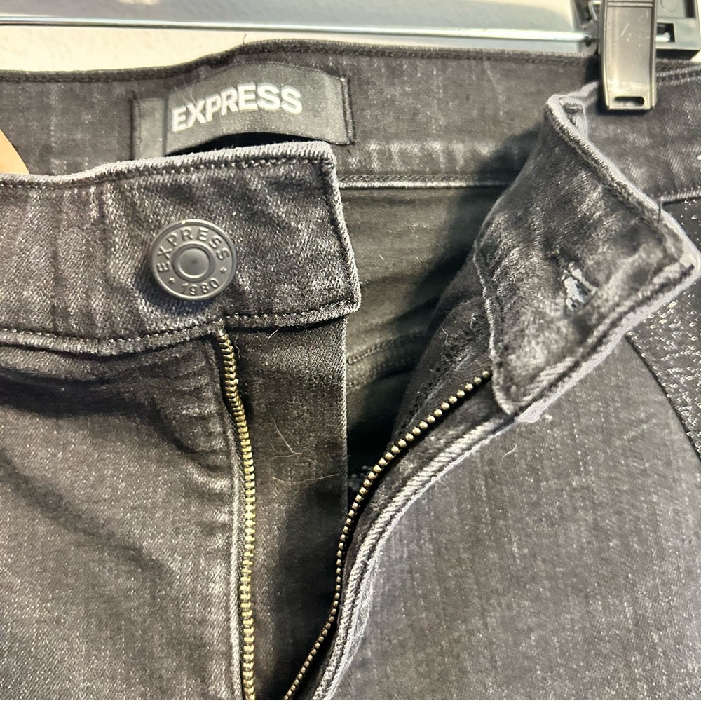 Express Black Bell Flare Mid Rise Jeans with Lurex Detail Size 14 Long - Picture 6 of 7